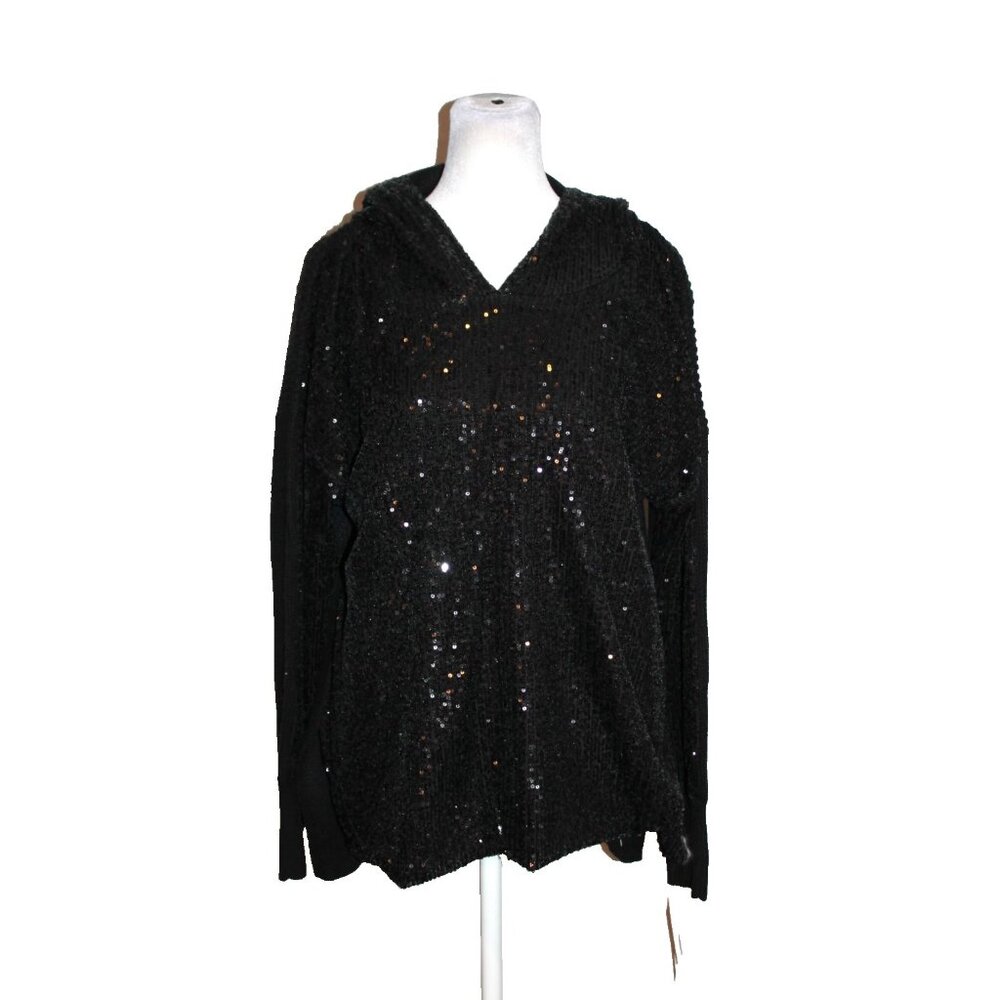 I.N.C. International Concepts Women's Sequin Front Hoodie Deep Black Size 0X NWT